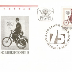 TRICICLU MOTORIZAT 75 ANI ANIVERSARE AUSTRIA FDC 1974