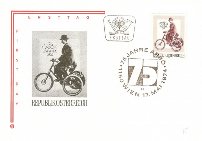 TRICICLU MOTORIZAT 75 ANI ANIVERSARE AUSTRIA FDC 1974