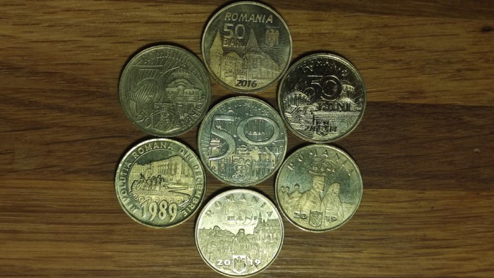 Romania -set 7 monede aniversare 50 bani diferite - de la XF la UNC - 2011-2019