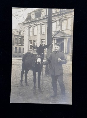 SOLDAT GERMAN CU UN MAGARUS , FOTOGRAFIE TIP CARTE POSTALA , MONCOROMA, CIRCULATA , DATATA 1919 foto