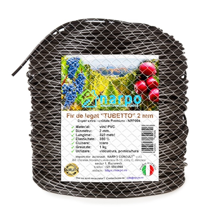 Fir de legat din plastic PVC, TUBETTO, 2 mm, 320 metri, 1 kg, maro, foarte elastic, NRP004