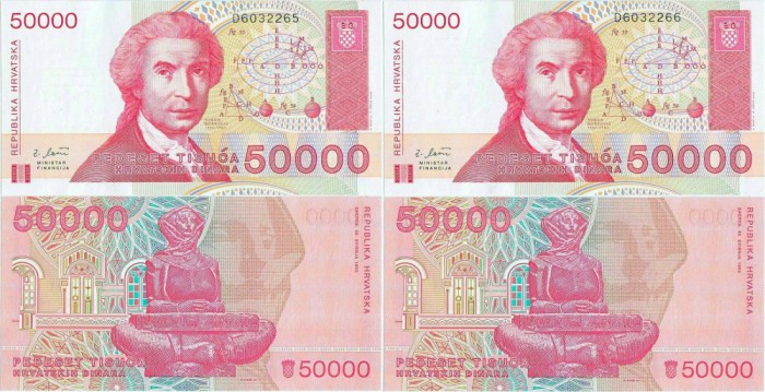 2 x 1993 ( 30 V ) , 50,000 ( P-26a ) - Croaţia - stare UNC