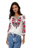 Bluza dama RA25 alb/rosu bordo , marimea M, Casual, Bumbac