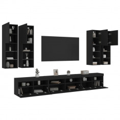 vidaXL Set comode TV de perete, 7 piese, cu lumini LED, negru