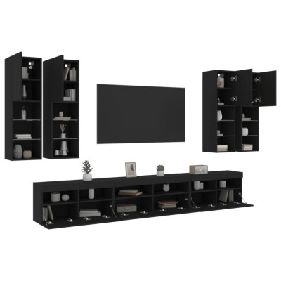 vidaXL Set comode TV de perete, 7 piese, cu lumini LED, negru foto