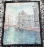 Tablou vechi cu Venetia / Venezia, acuarelă gondola pe canale, 30 x 25 cm, semnata L Vluno / Muno (?)