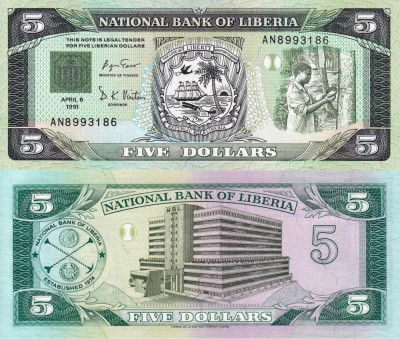 LIBERIA 5 dollars 1991 UNC!!! foto
