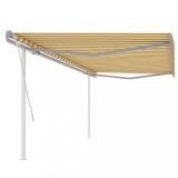 VidaXL Copertină retractabilă manual cu st&acirc;lpi, galben și alb 5x3,5 m