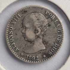 Spania 50 Centimos 1892 moneda din argint km # 690 Alfonso III ( primul portret ) AG. 835