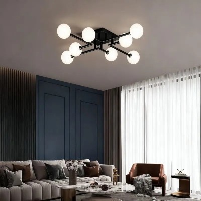 Lustra neagra cu 8 globuri albe din sticla, dulie E27, dimensiune 78x78x18 cm foto