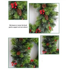 Coronita pentru craciun flippy, 60 cm, din brad artificial, decorata cu conuri si merisoare, verde