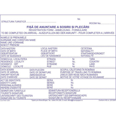 Fise de Cazare Personalizate A5 in 2 Exemplare, 50 Seturi/Carnet, Tipar 1+0, Formulare Tipizate Autocopiative, Fisa Cazare Personalizata, Tipizate Per foto