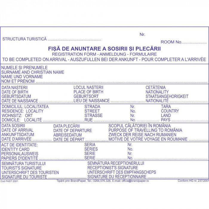 Fise de Cazare Personalizate A5 in 2 Exemplare, 50 Seturi/Carnet, Tipar 1+0, Formulare Tipizate Autocopiative, Fisa Cazare Personalizata, Tipizate Per