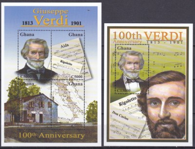 DB1 Pictura Ghana Compozitori Giuseppe Verdi 100 Ani MS + SS MNH foto