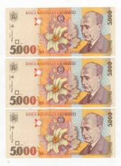 Bancnote Romania - 3 bancnote 5000 lei 1988 - serii consecutive- UNC