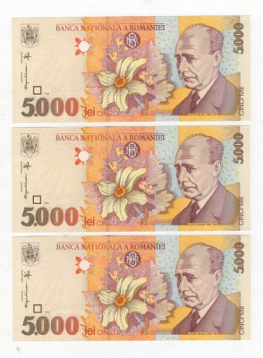 Bancnote Romania - 3 bancnote 5000 lei 1988 - serii consecutive- UNC foto
