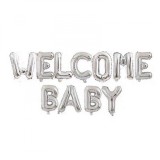 Set baloane din folie metalizata, flippy, figurine litere, model welcome baby, tema aniversare, 40 cm, ambalaj individual, pai inclus, umflare cu aer