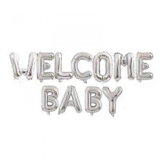 Set Baloane din Folie Metalizata, Cyrax, Figurine Litere, Model Welcome Baby, Tema Aniversare, 40 cm, Ambalaj Individual, Pai inclus, Umflare cu Aer s