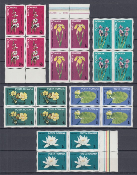 ROMANIA 1984 LP 1099 FLORI DIN DELTA DUNARII BLOCURI DE 4 TIMBRE MNH