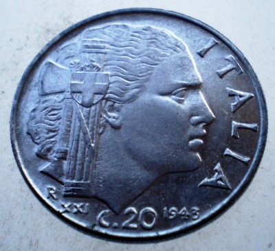 1.809 ITALIA WWII VITTORIO EMANUELE III 20 CENTESIMI 1943 R MAGNETIC foto