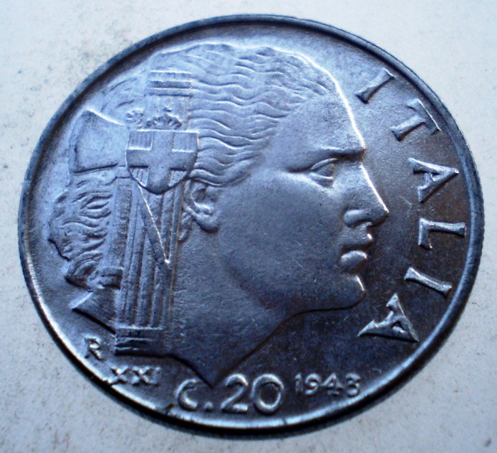 1.809 ITALIA WWII VITTORIO EMANUELE III 20 CENTESIMI 1943 R MAGNETIC