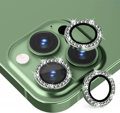 Sticla de protectie camere cu cadru din aluminiu cu diamante pentru iPhone 15 Plus, Verde foto