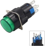 Buton rocker rotund iluminat verde, ON, OFF fara mentinere, 3A 5-24V DC, NO-NC, O17.5 mm, montaj panou, FLP16-NJ-1-GREEN