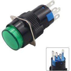 Buton rocker rotund iluminat verde, ON, OFF fara mentinere, 3A 5-24V DC, NO-NC, O17.5 mm, montaj panou, FLP16-NJ-1-GREEN