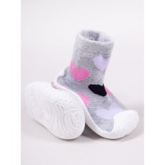 Mocasini pentru copii cu talpă antiderapantă &ndash; Design inimioare roz și negre pe