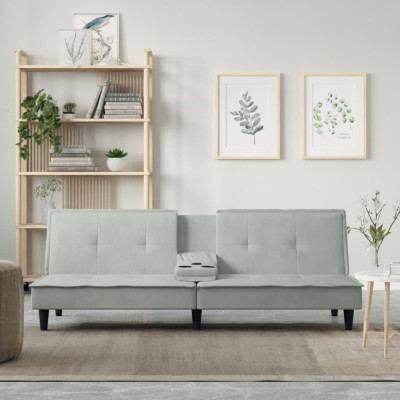 Gossi canapea extensibila cu suporturi de pahar, gri deschis, catifea foto