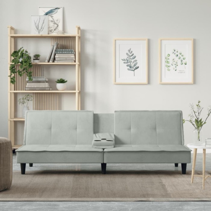 Gossi canapea extensibila cu suporturi de pahar, gri deschis, catifea
