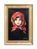 Tablou Fetita cu basma rosie pictat manual inramat, 35x25cm ulei panza, reproducere Nicolae Grigorescu