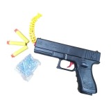 Pistol de jucarie, cu arc, din plastic, ncarcare manuala, 18 cm, 3 gloante moi din spuma cu ventuza, bile de gel si bile flexibile de silicon, negru