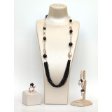 Set Bijuterii Argint 925 Placat Aur Roz cu Agat Negru, Perle Cultură, Colier, Cercei și Inel Reglabil - Paradise Made in Italy