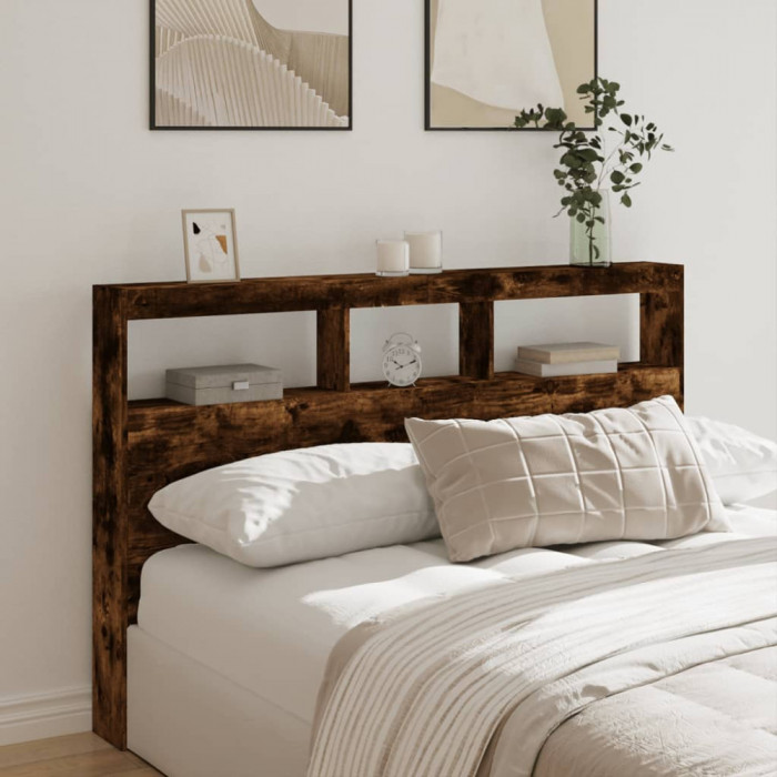 Tablie de pat cu dulap si LED, stejar fumuriu, 160x17x102 cm GartenMobel Dekor