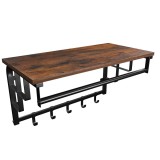 Cuier de perete cu raft, bara pentru umerase, Artool, 5 carlige, metal, pal, negru si maro rustic, 66x30x27 cm, Leobert