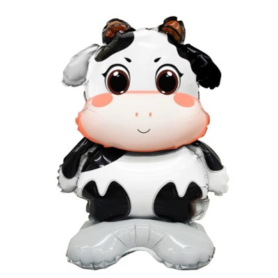 Balon din folie metalizata, flippy, mini figurine animalute, model vacuta, tematica aniversare, 38x58 cm, ambalaj individual, pai inclus, umflare cu a foto