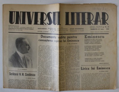 UNIVERSUL LITERAR , ZIAR CU APARITIE SAPTAMANALA , NR. 25 , 24 IUNIE , CONTINE ARTICOLE de : MIRCEA ELIADE , STEFAN NENITESCU , TUDOR VIANU , ETC. , foto