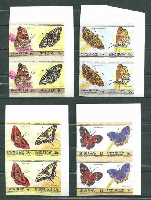 Union Island 1985 Butterflies 4 pairs x 2 imperf. MNH S.587