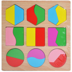 Set Puzzle 3D din lemn,Montessori, Forme geometrice, 18 piese, Multicolor
