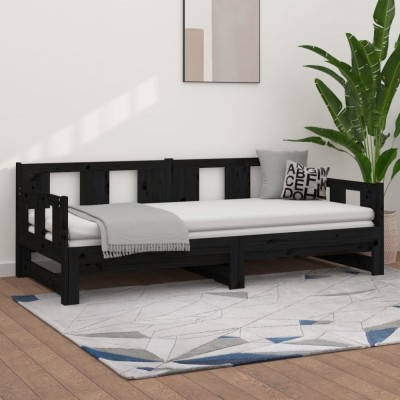 vidaXL Pat extensibil de zi, negru, 2x(90x190) cm, lemn masiv pin foto