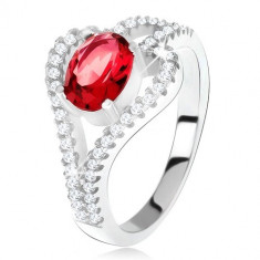 Inel din argint 925, piatră ovală roşie, contur transparent frunză - Marime inel: 57