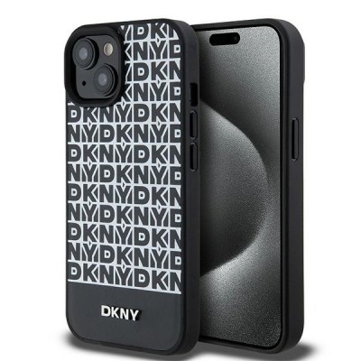 Husa MagSafe pentru Apple iPhone 15, DKNY, Printed Pattern Metal Logo, Neagra foto