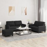 VidaXL Set de canapele cu perne, 3 piese, negru, piele ecologică