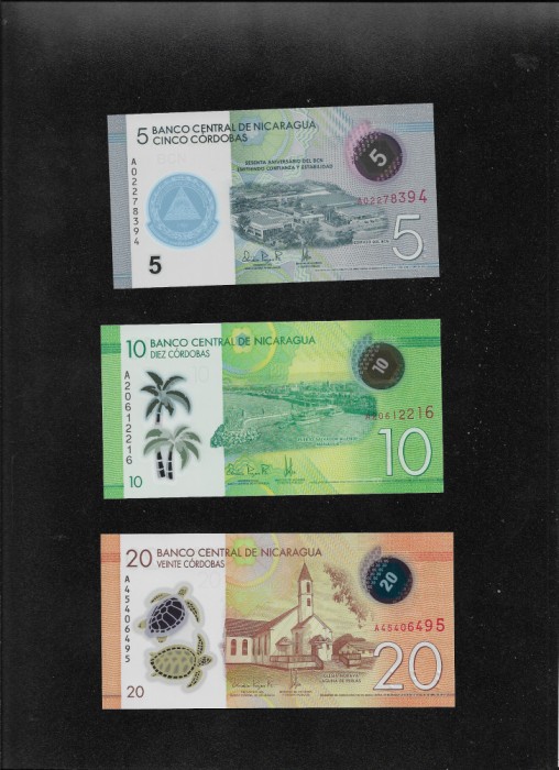 Set Nicaragua 5 + 10 + 20 + 50 + 100 + 200 cordobas polimer unc