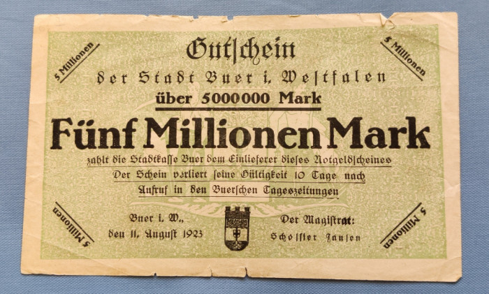 Germania - 5 Millionen Mark / 5 milioane mărci (1923) Buer/ Stadt