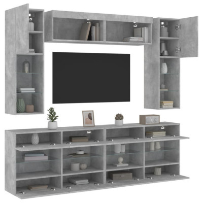 vidaXL Set comode TV de perete cu lumini LED, 6 piese, gri beton foto