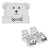 Set Căciulă și șosete, Model Ursuleț 3D, Culoare Gri, Bumbac, 2 Piese