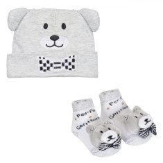 Set Căciulă și șosete, Model Ursuleț 3D, Culoare Gri, Bumbac, 2 Piese
