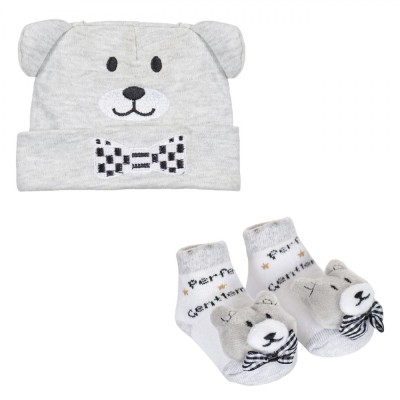 Set Căciulă și șosete, Model Ursuleț 3D, Culoare Gri, Bumbac, 2 Piese foto